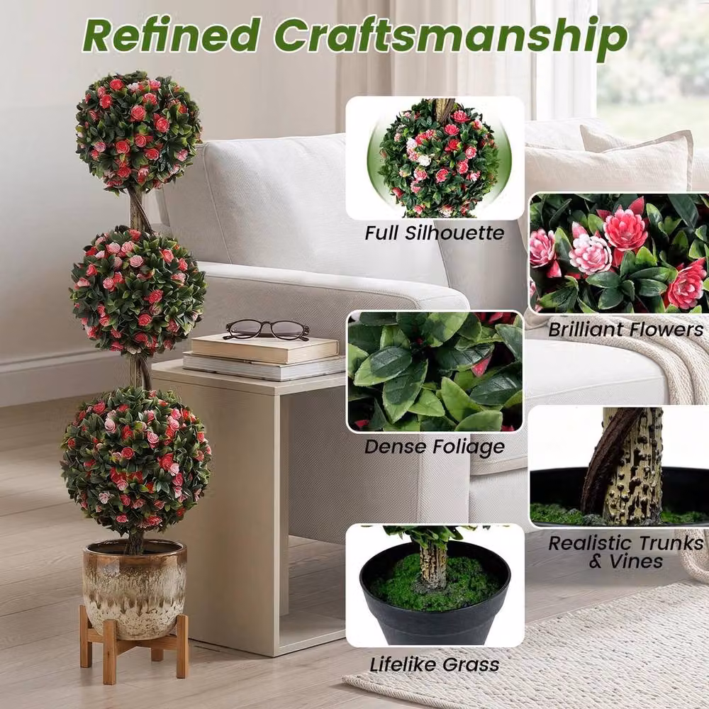 VOGREX Artificial Triple Ball Rose Topiary, Green, Height: 110 cm – 3