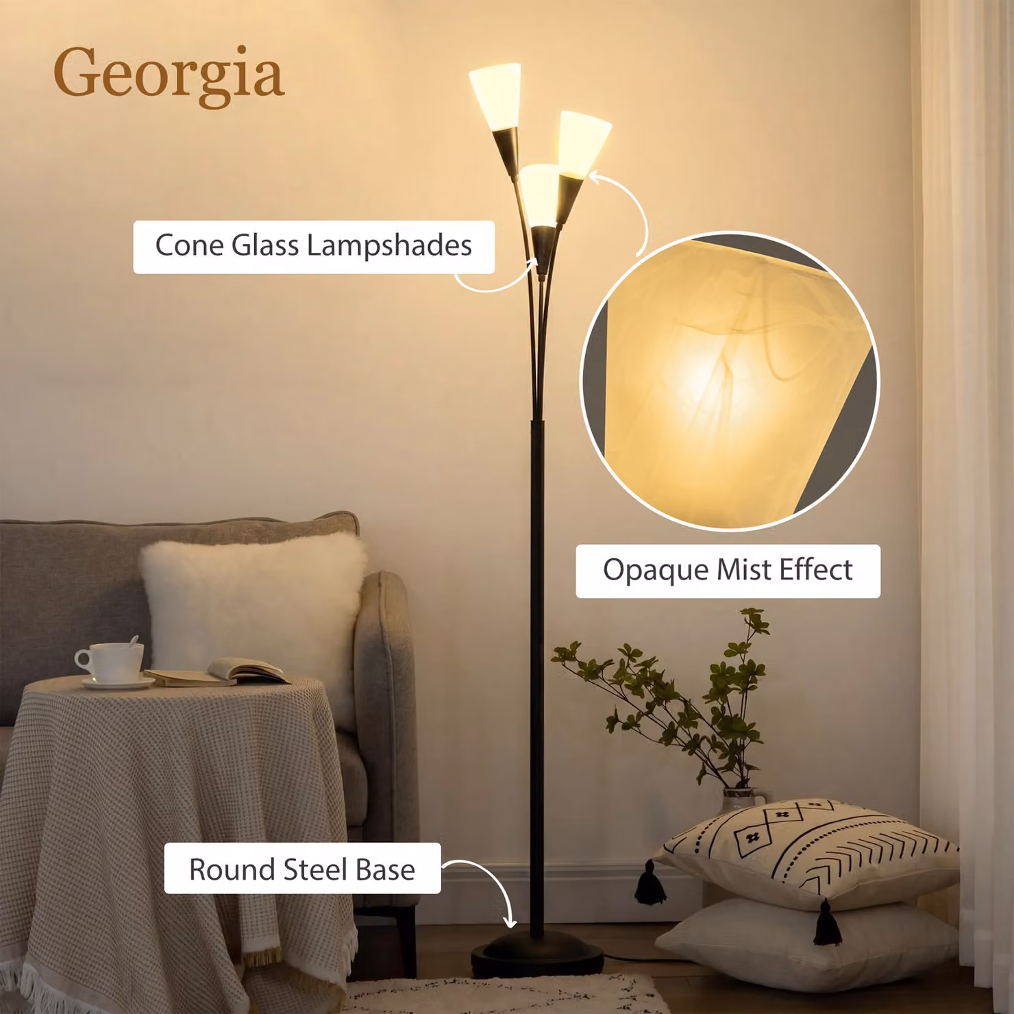 HOMCOM Modern 3-Light Black Metal Upright Floor Lamp for Living Room – 4