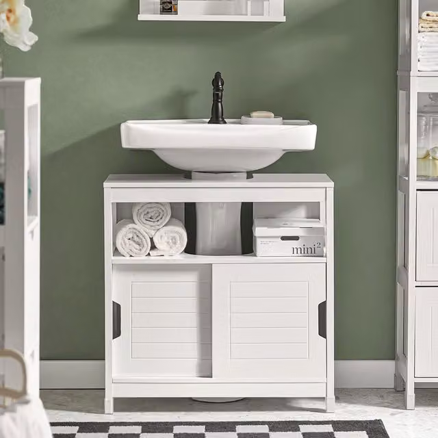 SoBuy Modern White Lacquered Under Sink Bathroom Cabinet with Sliding Doors and Open Shelf