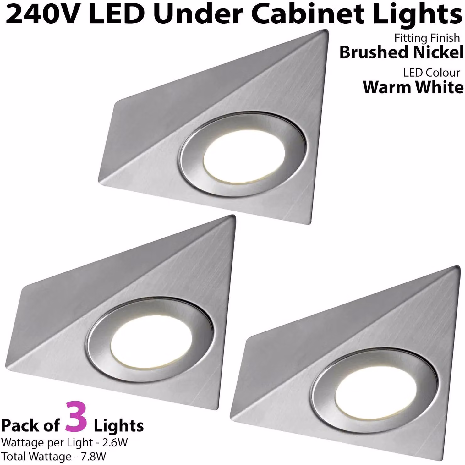Loops 3x Triangle Surface Under Cabinet Kitchen Light Kit in Brushed Nickel with Warm White LED – 2