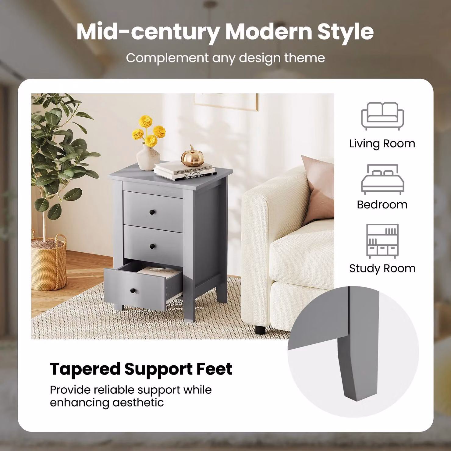 Gymax 3-Drawer Wooden Bedside Table and Nightstand in Grey – 4