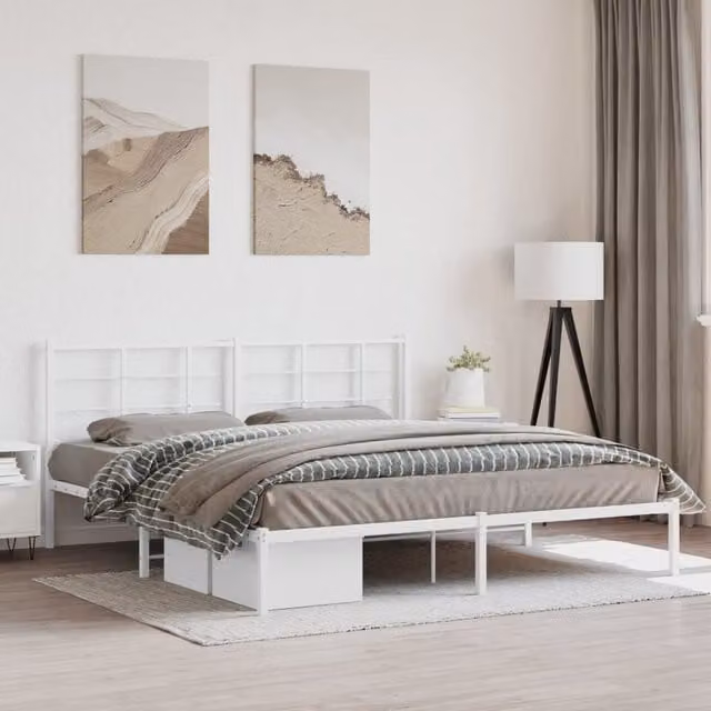 Berkfield Home Metal Bed Frame with Headboard, White, W: 183 cm, L: 213 cm