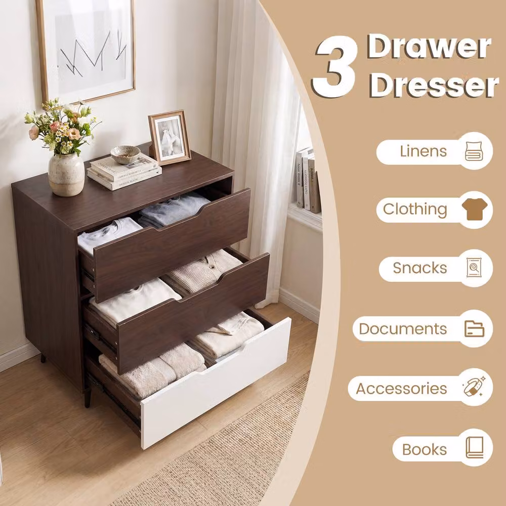 Gymax Modern 3-Drawer Wooden Dresser and Nightstand with Metal Legs in Brown – 6