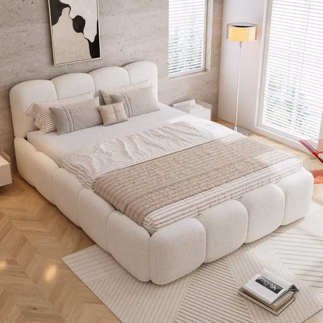 Merax Double Upholstered Bed in Beige Boucle with Block Padded Headboard, W/D/H: 140 x 200 cm – 1