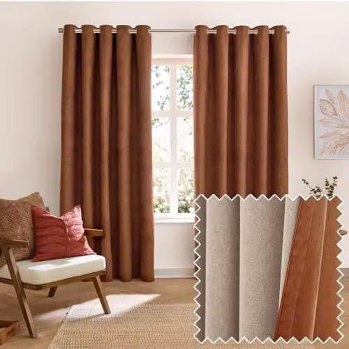 Furn Verso Reversible Suede-Look Blackout Eyelet Curtain Pair in Orange and Brown, W: 168 cm, H: 229 cm