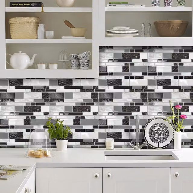 Livingandhome 10-Piece Self-Adhesive Geometric Tile-Look Kitchen Backsplash Tiles in Black, Grey and White