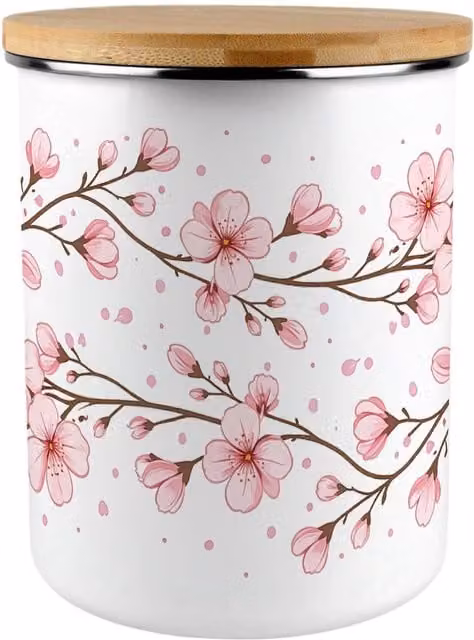 Purely Home Pink Cherry Blossoms Extra Large Enamel Metal Biscuit Tin in Pink and White