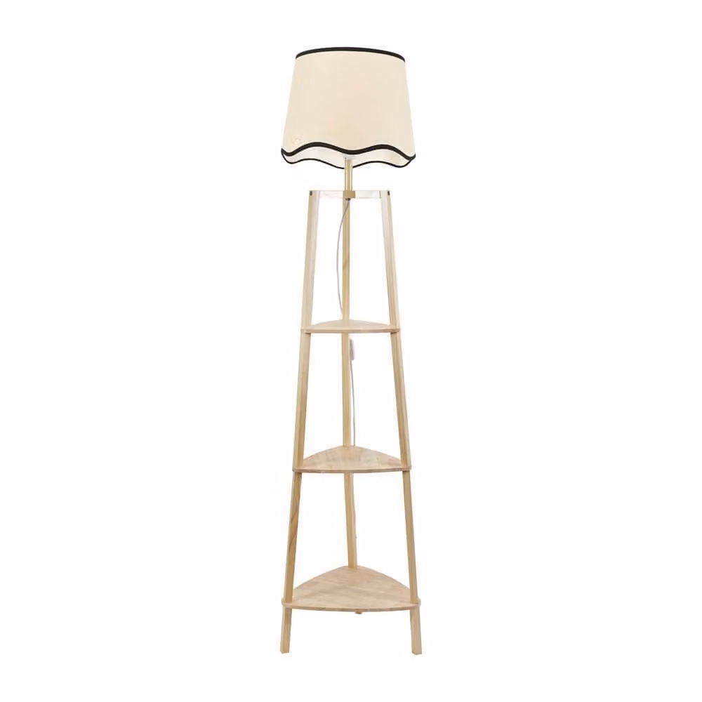 ValueLights Hiru 3 Tier Wood Shelf Floor Lamp with Black Scallop Shade and LED Bulb – 2