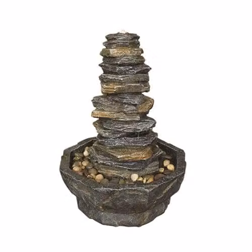 Primrose Stacked Stone Monolith Water Feature with LED Lights in Grey and Brown, Height: 70 cm