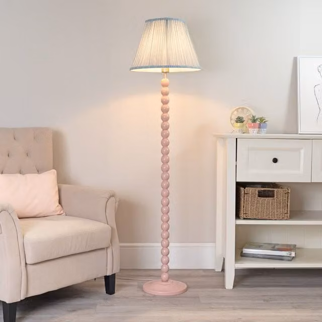 ValueLights Bobbins Rose Pink Floor Lamp with Tapered Fabric Pleated Shade and LED Bulb in Pale Blue, H 149 cm x W 40 cm x D 40 cm
