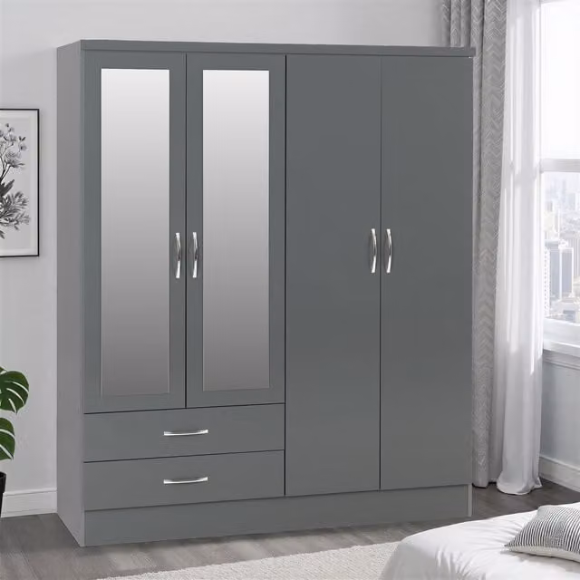 Seconique Nevada 4 Door 2 Drawer Wardrobe in Grey Gloss
