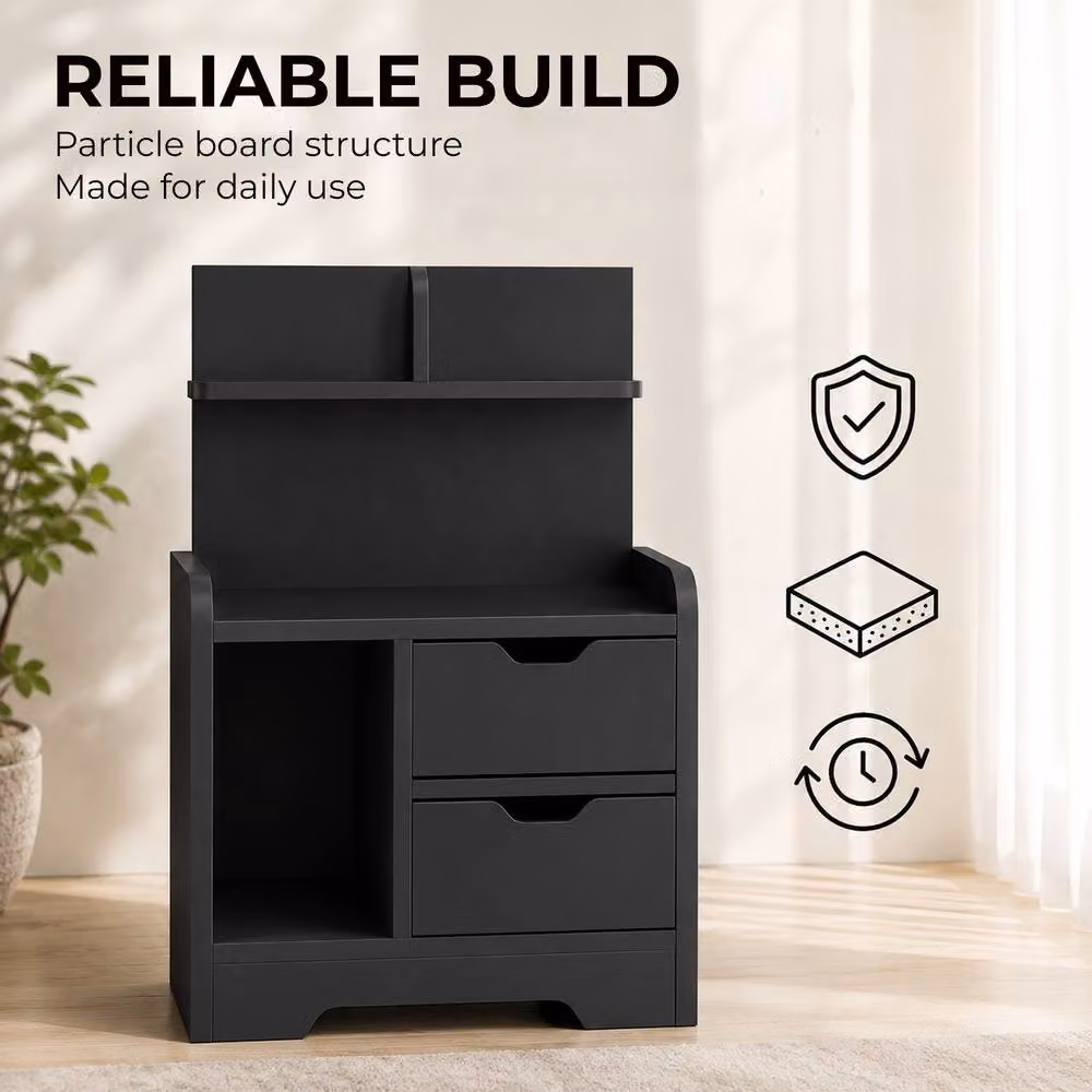 HOMCOM Modern Black Bedside Table with 2 Drawers and Open Shelves – 6