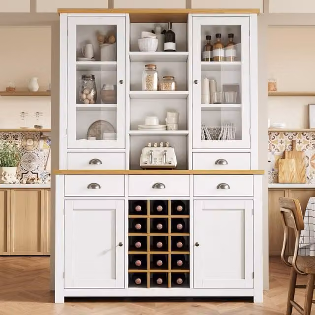 BTM Modern White Kitchen Pantry Cabinet with Glass Doors, Wine Rack and Internal Drawers, W/D/H: 120 x 40 x 185 cm
