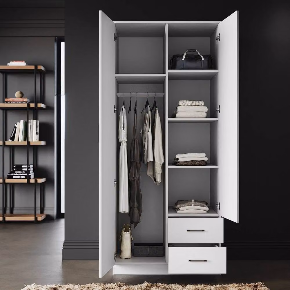 FORGEVIO White Modern 2 Door 2 Drawer Wardrobe with Hanging Rod, H 180 x W 77 x D 50 cm – 3