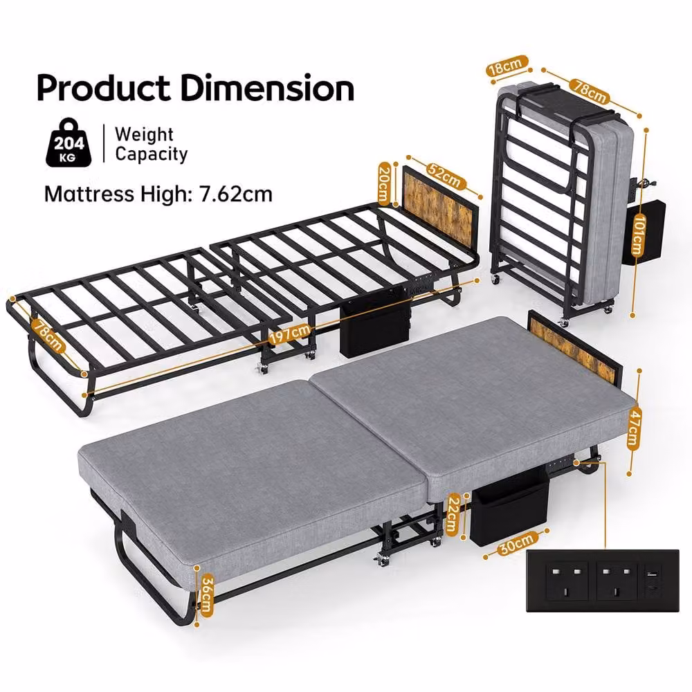 Rolipo Small Single Folding Guest Bed with Headboard, USB Charging Port and 6cm Memory Foam Mattress in Grey, W: 80 cm, L: 190 cm – 7