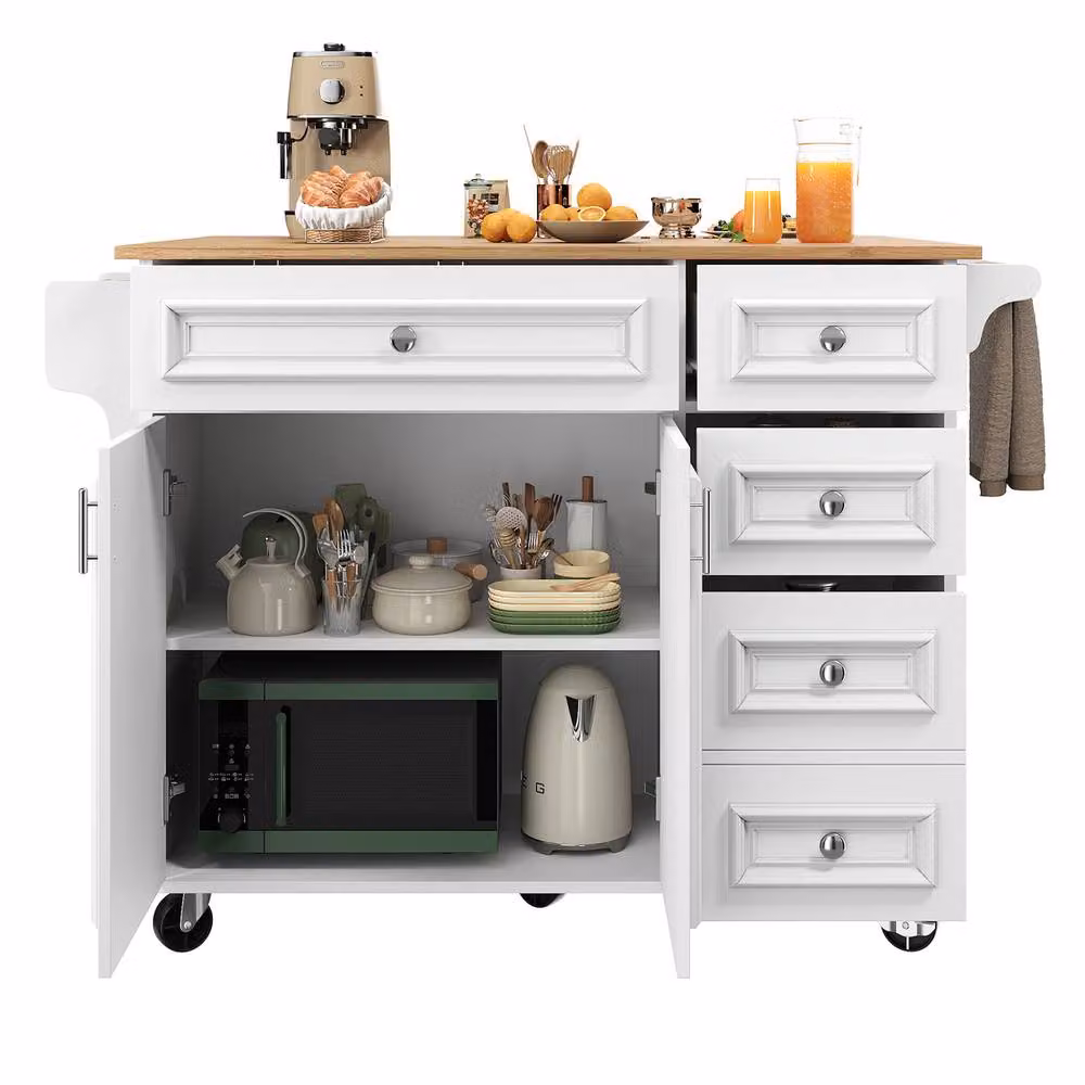 Rolipo White Foldable Kitchen Island Serving Trolley with Storage Cabinet and Vintage Matt Finish – 4
