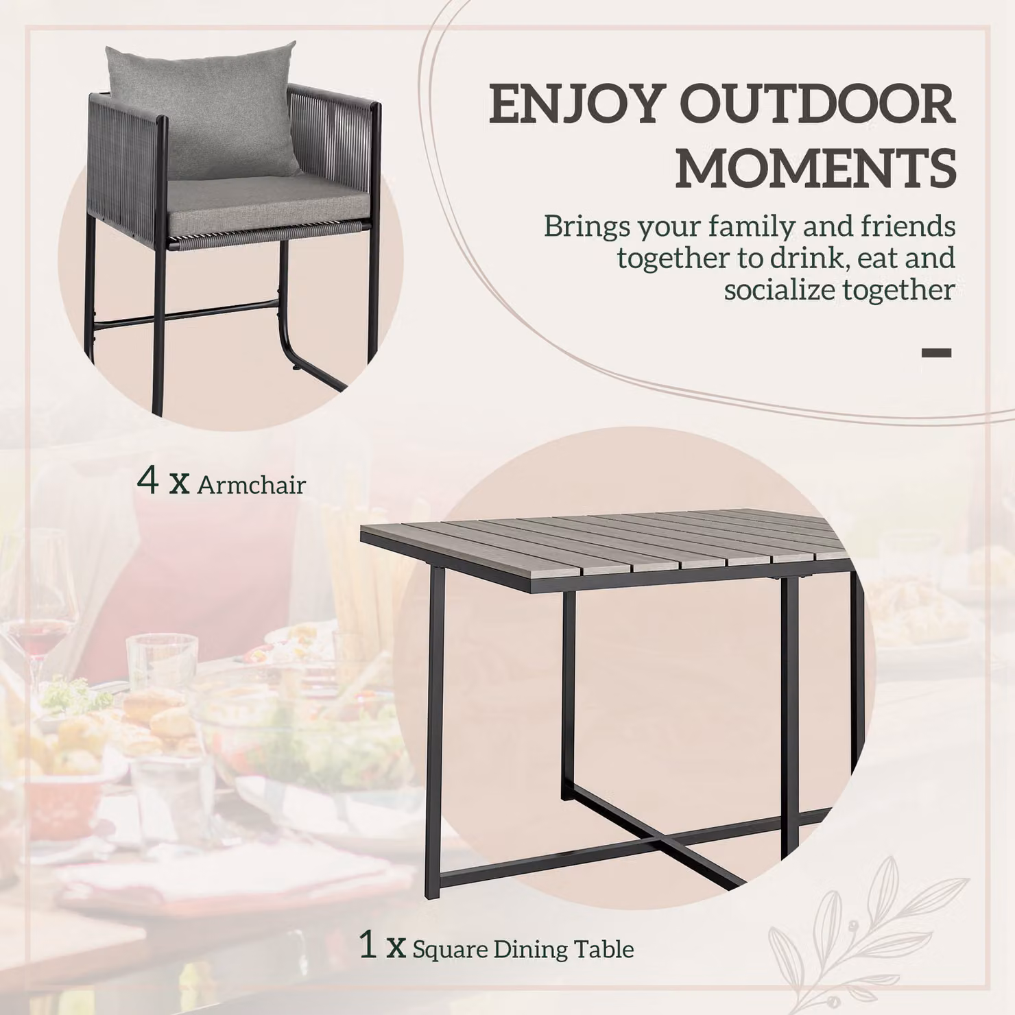 Outsunny 4 Seater Rattan Cube Garden Furniture Set with Cushions and Wood Grain Plastic Top Table in Grey – 3