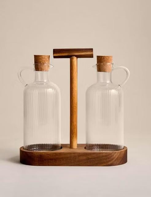 M&S Set of 2 Transparent Striped Glass Oil Pourers with Stopper and Caddy