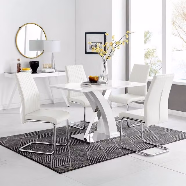 FurnitureboxUK Atlanta White High Gloss Rectangular Dining Table with X-Frame Legs and 4 Lorenzo Faux Leather Chairs Set