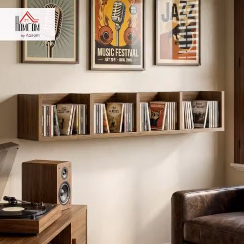 HOMCOM Wall-Mounted Wooden Media Storage Display Shelf in Brown – 2
