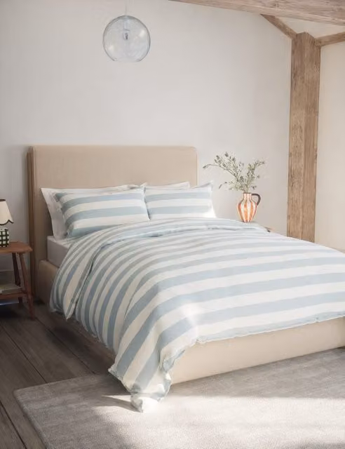 M&S Blue Mix Striped Linen Blend and Cotton Reversible Duvet Cover, 180 x 200 cm