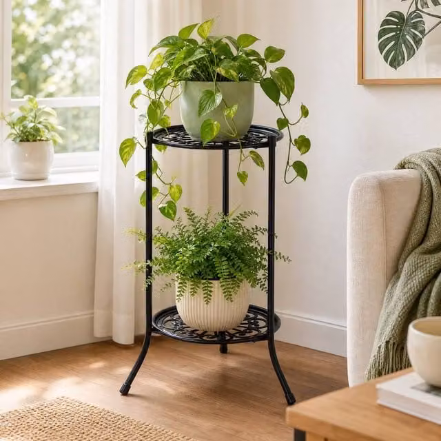 Garden Sanctuary Vintage 2 Tier Metal Plant Display Stand in Black