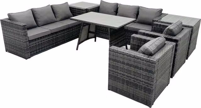 Fimous 8-Seat Rattan Dining Sofa Set with 2 Side Tables in Dark Grey