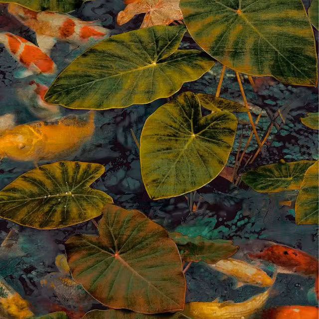 Grandeco Koi Lily Pond Green and Orange Botanical Nature Wallpaper
