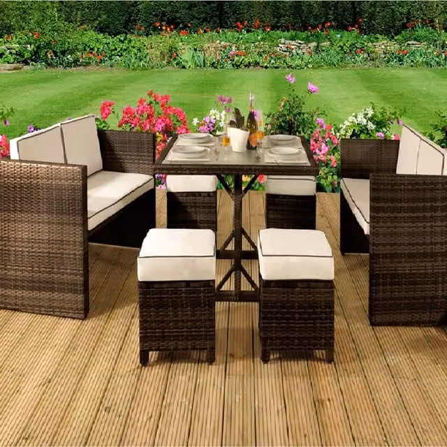 Comfy Living 7 Piece Modern Rattan Garden Furniture Set with Cover in Brown and Beige