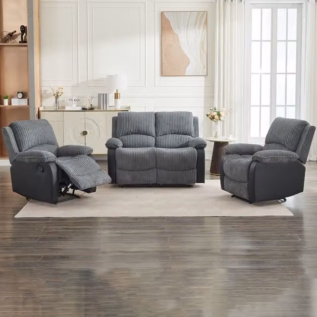 FURNITURE ONE Grey Corduroy Fabric Manual Reclining Sofa Set with 3-Seater, 2-Seater and Armchair – 1