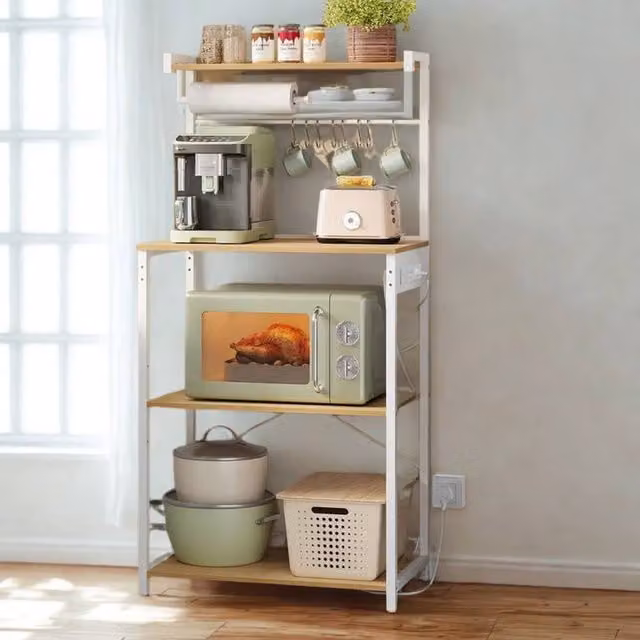 Pirlo Plush Industrial 4 Tier Smart Kitchen Bakers Rack with Power Outlets in Light Oak
