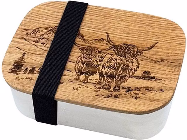 Selbrae House Scenic Highland Cow Lunch Box in Light Oak Brown