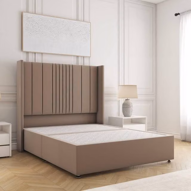BSSPOKE Charlotte Double Divan Bed with 54 inch Plush Velvet Headboard in Beige, W/D/H: 140 x 200 cm