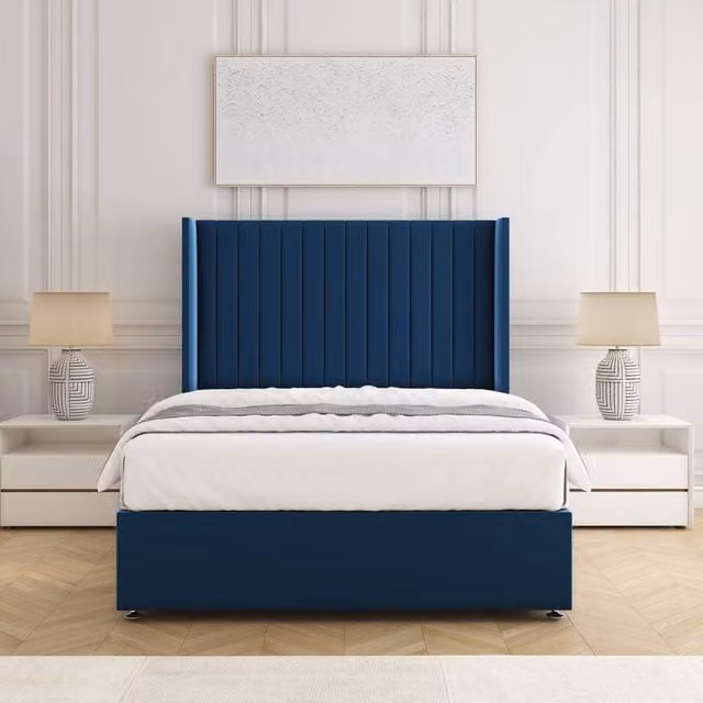 BSSPOKE Manhattan Super King Divan Bed with 54 inch Headboard and Mattress in Blue Plush Velvet