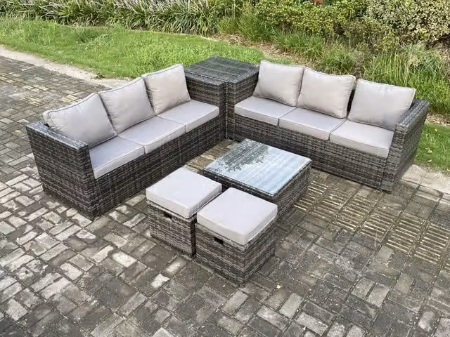 Fimous 8 Seater Rattan Garden Furniture Set in Dark Grey with Coffee Table and Ottomans