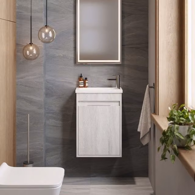 Banyetti Monda Wall Hung Cloakroom Vanity Unit, White Oak in Light Grey, W/D/H: 39 x 21.5 x 39 cm