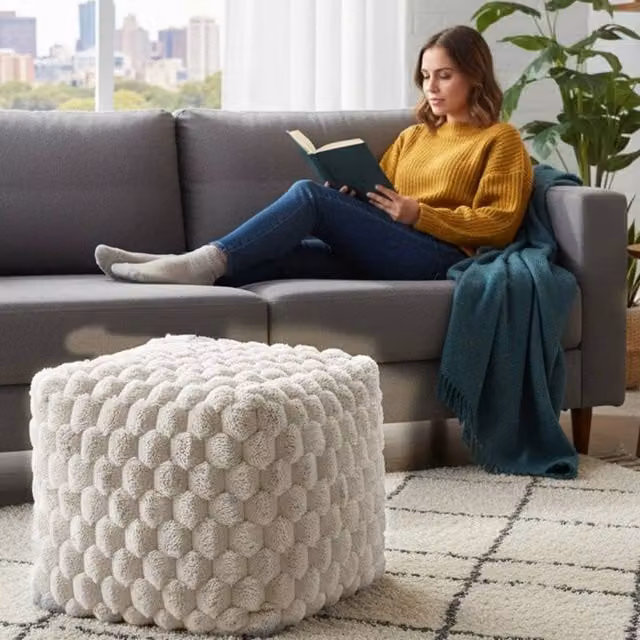 Home Republic Chunky Popcorn Faux Fur Bean Bag in Beige/White, W/D/H: 43 x 43 x 43 cm