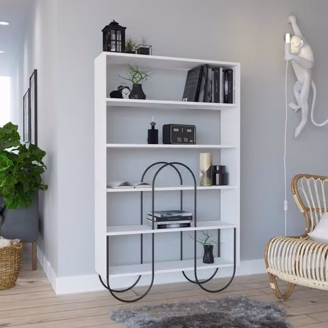 FWStyle 5 Shelf Modern Freestanding Shelving Display Unit with Curved Metal Frame in Matt White