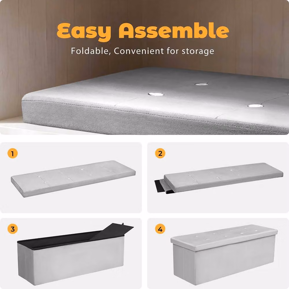 Simpa Extra Large Fold Flat Brushed Velvet Ottoman Storage in Light Grey, W: 110 cm, D: 38 cm, H: 37 cm – 3