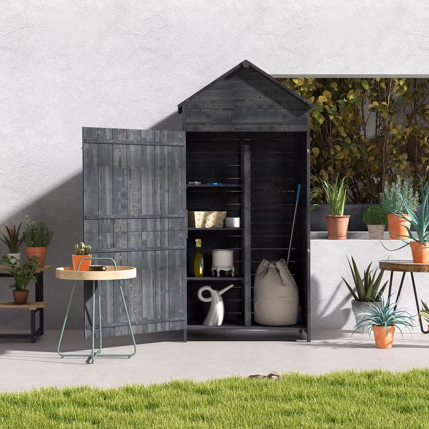 Outsunny Grey Wooden Garden Storage Cabinet with Lockable Double Doors and Internal Shelving, W/D/H: 84 x 52 x 188 cm – 2