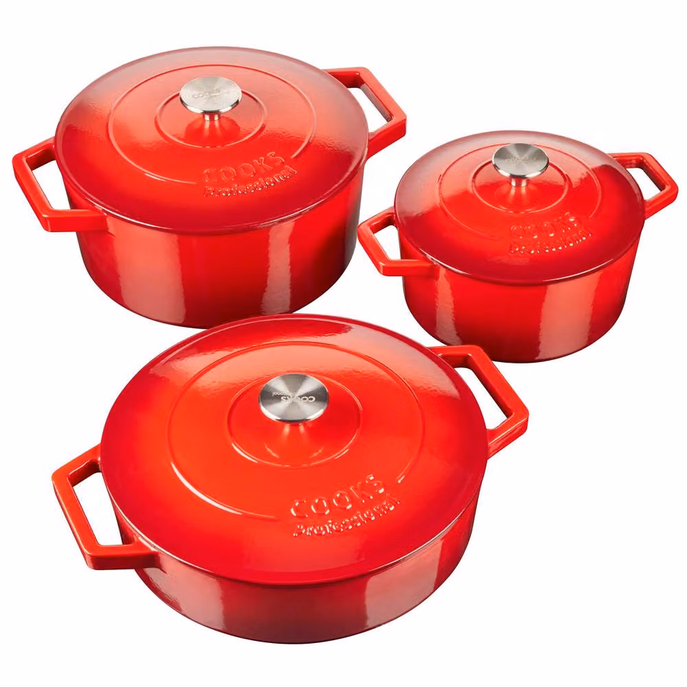 Cooks Professional Set of 3 Red Enamelled Cast Iron Casserole Dishes with Lids – 2