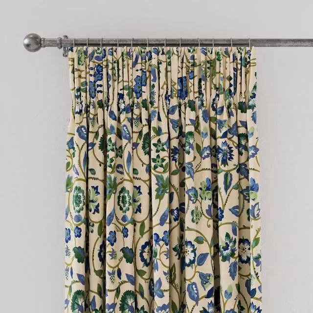 Land & Shore Esther Lined Floral Cotton Curtains, Green, Blue and Multicolour, W: 167.64 cm, H: 137.16 cm