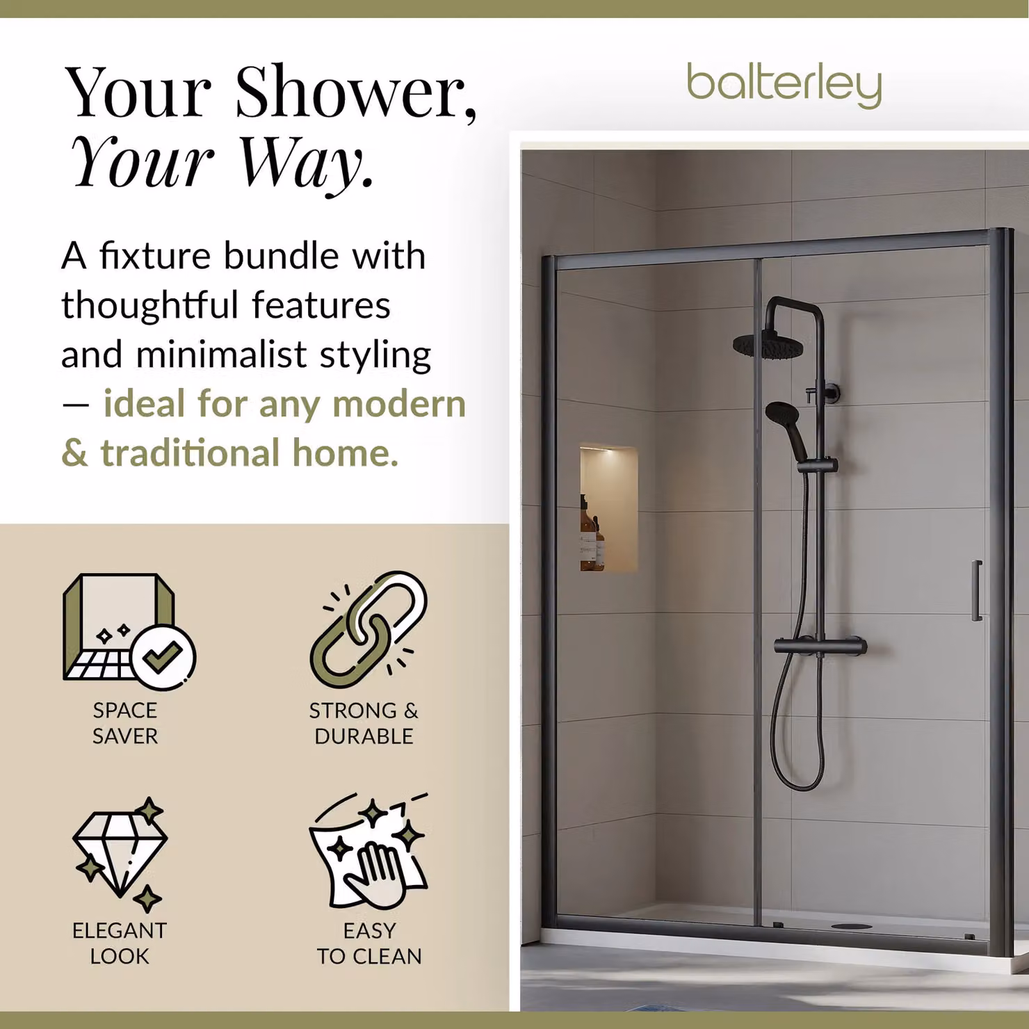 Balterley Ruwa Sliding Shower Suite with Rectangular Tray and 6mm Glass Door Panel, Black, W: 1400 mm, D: 700 mm, H: 190 mm – 2