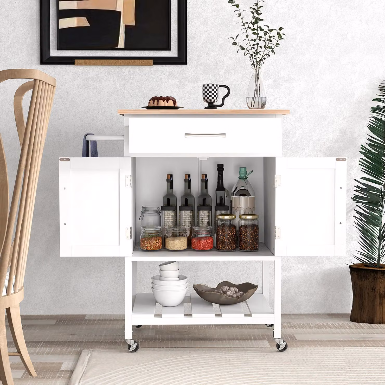 Costway Rolling Kitchen Island Mobile Serving Cart with Drawer and 2 Door Storage Cabinet in White – 3
