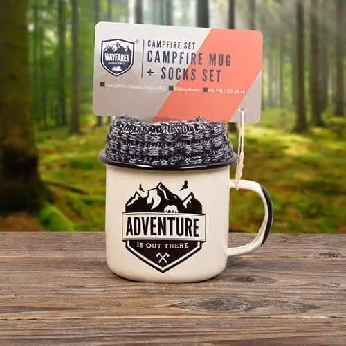 Fizz Creations Wayfarer Campfire Enamel Mug and Sock Gift Set in Red and Beige – 3