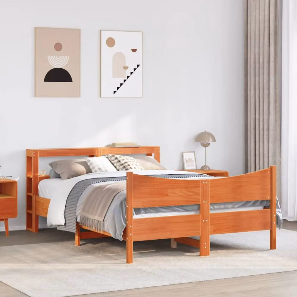 Berkfield Home Small Double Bed Frame with Headboard in Wax Brown Solid Pine Wood, W/D/H: 120 x 200 cm – 2