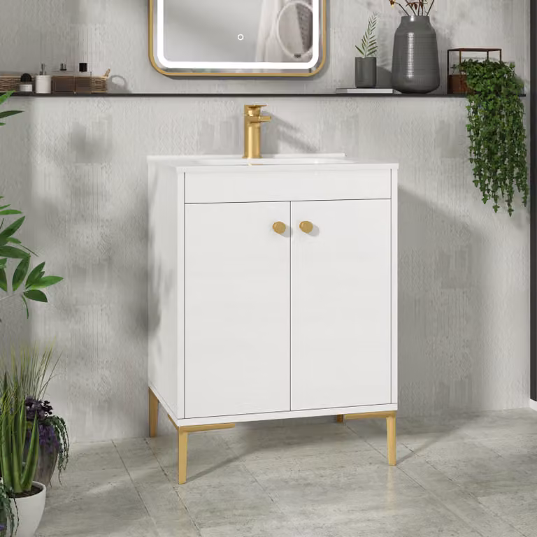 Royal Bathrooms Verona 600mm Gloss White Floor Standing 2 Door Vanity Unit with Ceramic Basin and Brushed Brass Knob
