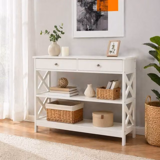 STILVORA Modern White Table with 2 Drawers and Shelves