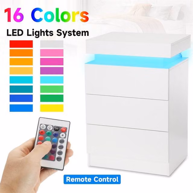 Nordara White High Gloss LED Bedside Table with 3 Drawers and Integrated RGB Lighting – 1