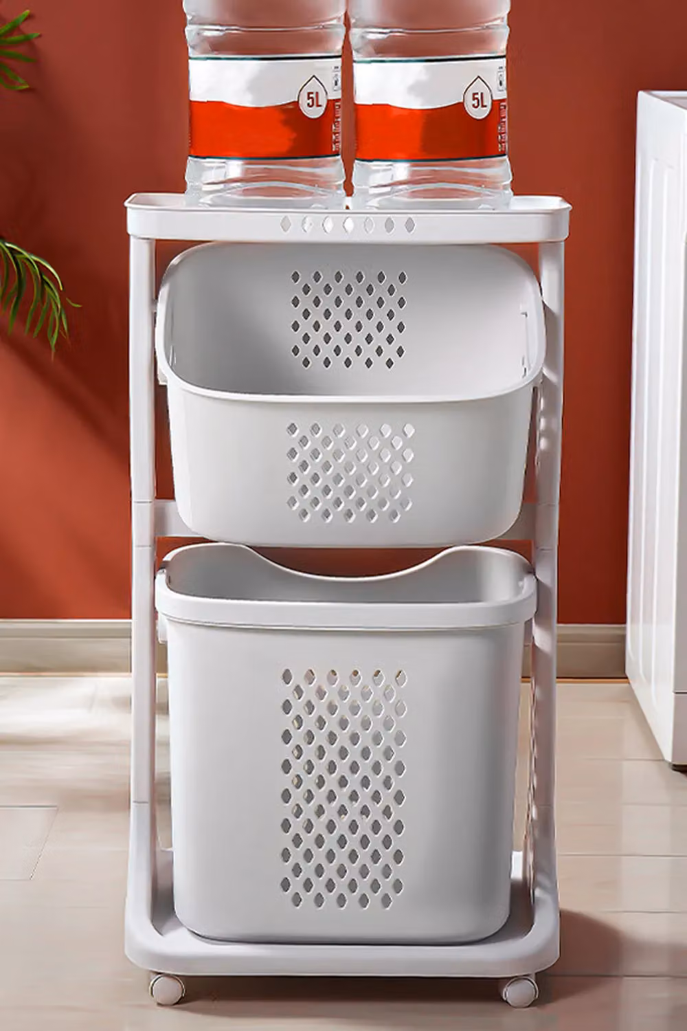 Living and Home 2 Compartment Rolling Laundry Basket and Bathroom Clothes Storage in White – 2